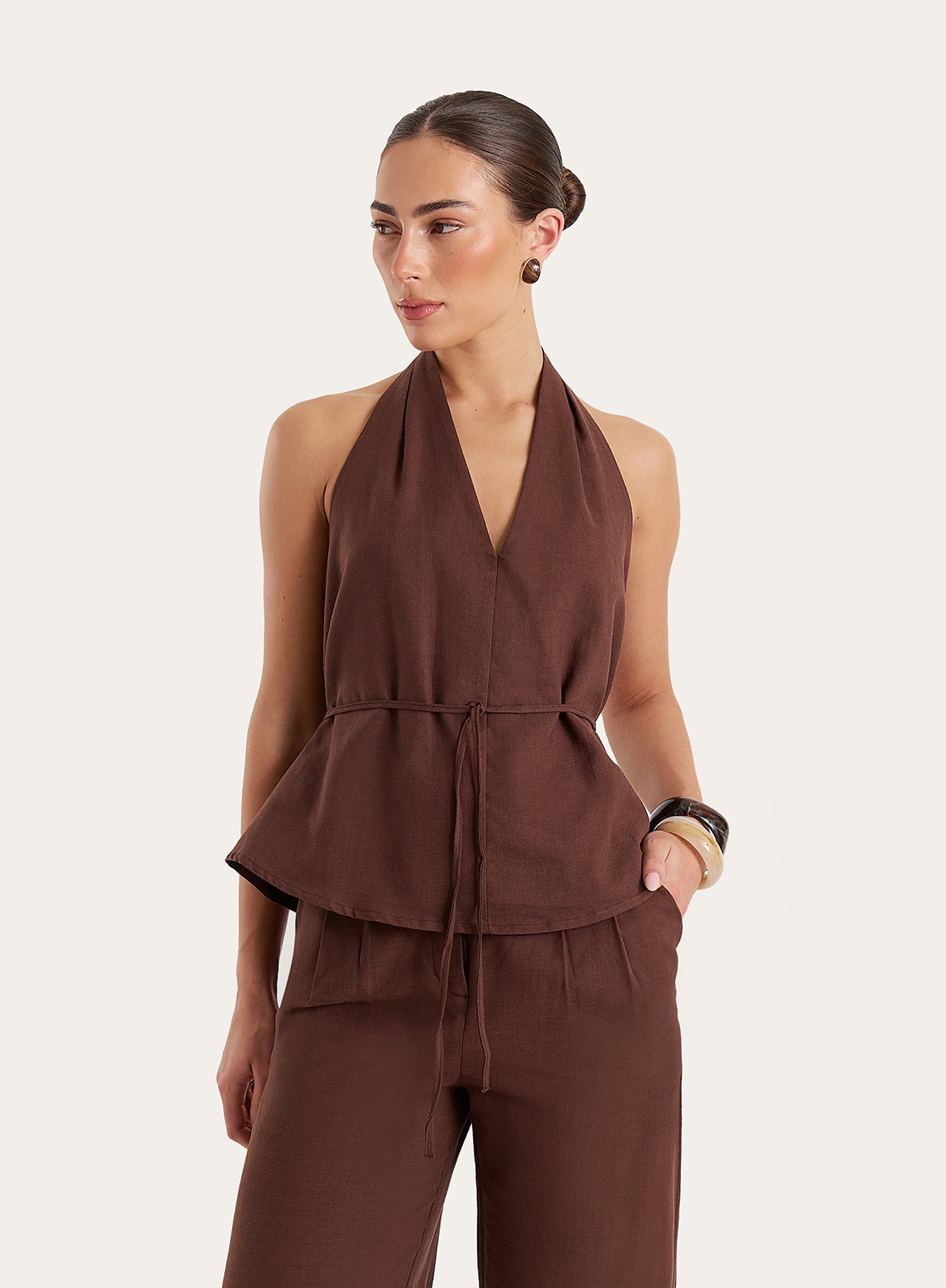 Brown Linen Blend Halterneck Sleeveless Peplum Top